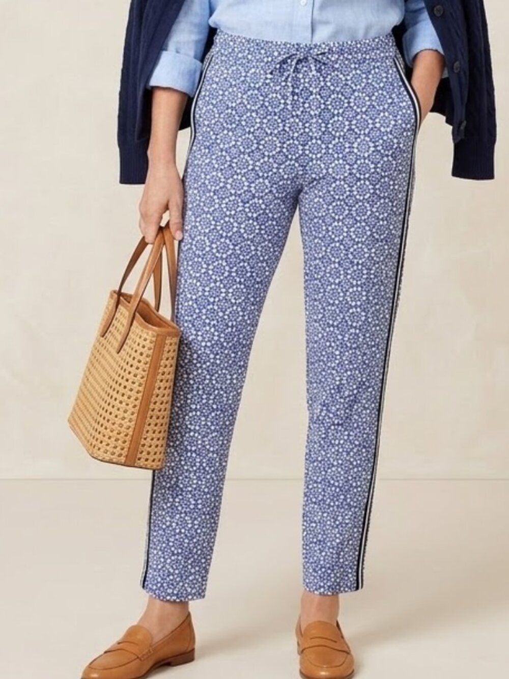 Talbots Pants Women's Medium Mykonos Blue Mosaic Tile Print Jersey Stripe Resort